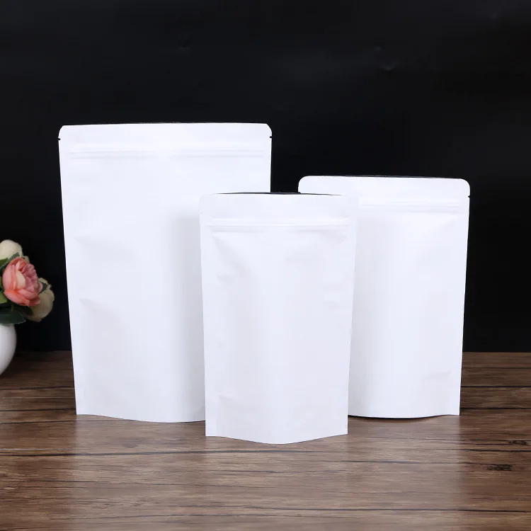 
white color kraft paper stand up pouch without window inside aluminized with zipper for tea coffee food nuts 