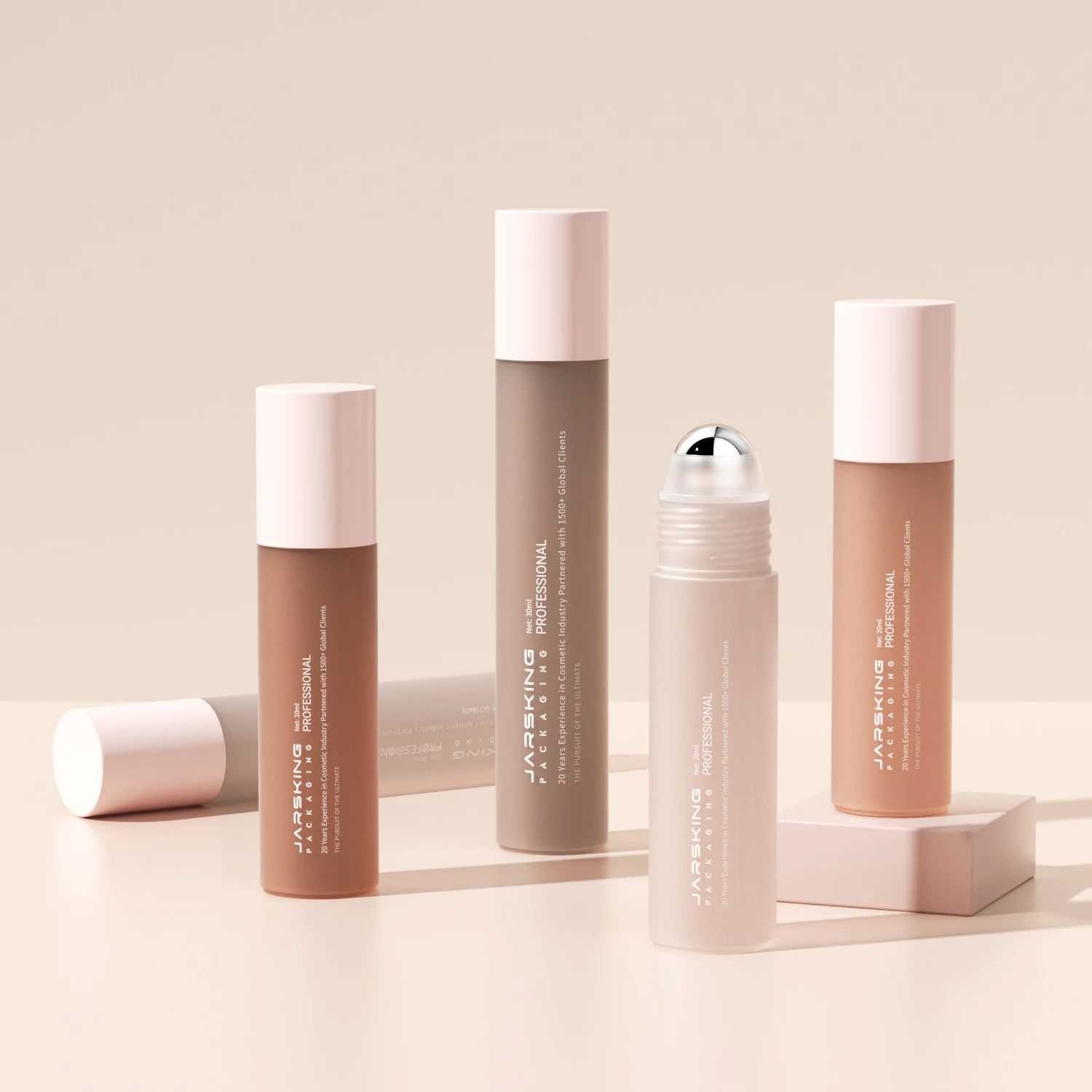 Wholesale OEM 20ml 30ml custom logo empty round tall frosted luxury plastic perfume eye oil roll on bottle with roller ball