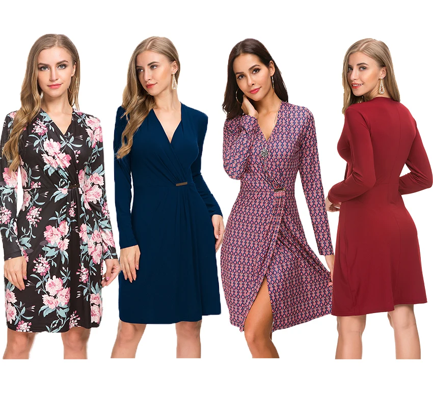 Latest design casual office lady style wear V neck waist tie slim fit bodycon floral women dress