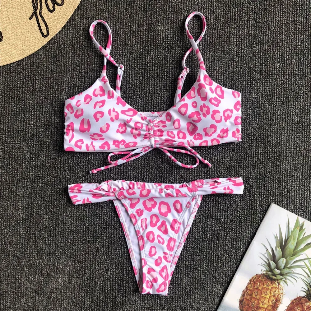 2019 Wholesale Sweet Sexy Tiny Bikini Beachwear Leopard  Printed Bikini Set  Tie Front Women Swimwear Two-pieces Bikini Set