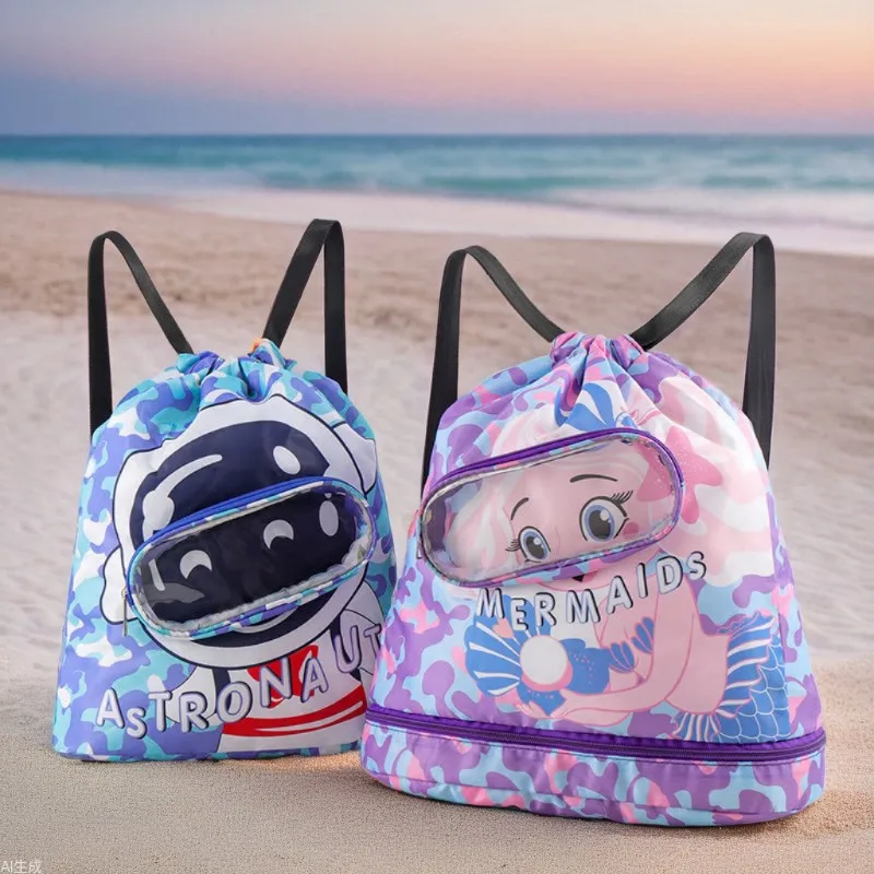 Cartoon Print Kids Wet Dry Separation Swimming Drawstring Backpack Bag Waterproof Beach Pool Sport Backpack