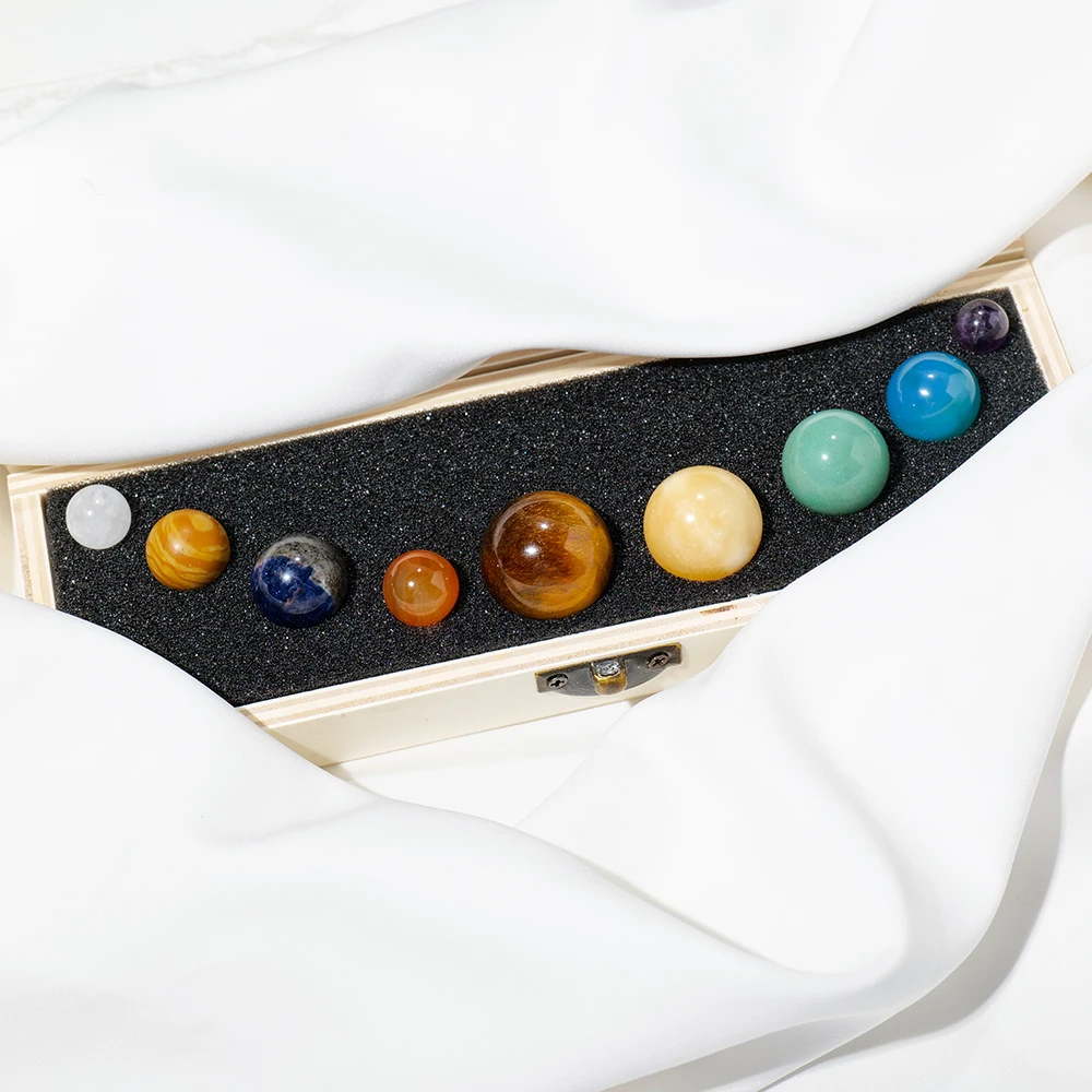 Wholesale Natural Nine planets set Healing Stones Decoration Wooden box packaging