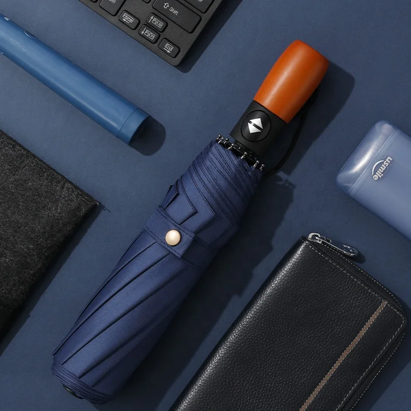 23 Inch Luxury 3 Fold Umbrella Super Strong 10 Ribs Windproof Automatic 3 Fold Umbrella with Wooden Handle