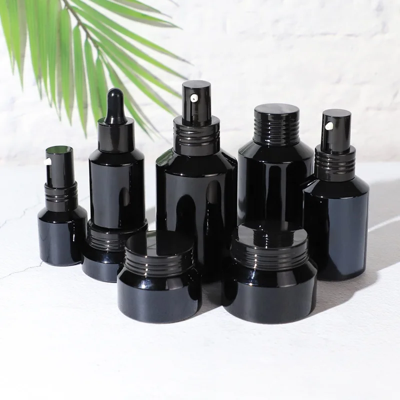 Custom Wholesale 15ml 30ml 50ml Cream Lotion Black Glass Jars Sloping Shoulder Cosmetic Glass Jars and Bottles Set