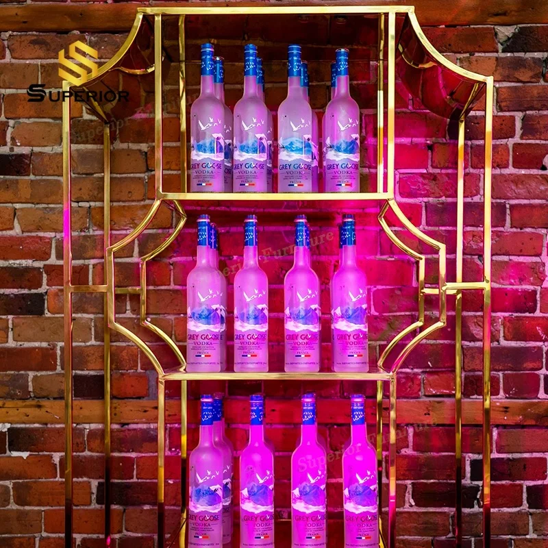 Wholesale wedding gold metal rack storage shelf wine glass rack ceiling decoration shelf for bars wine display shelf