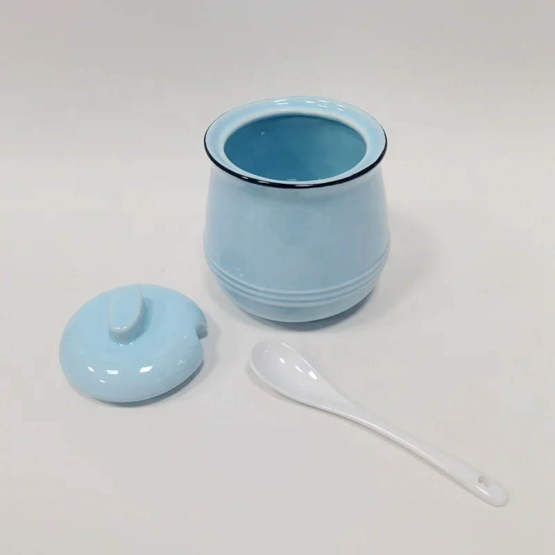 Kitchen Stylish Ceramic Porcelain Sky Blue Sugar Pot with Spoon Set for Sale Dehua Factory Direct