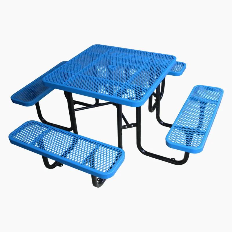 Outdoor commercial metal square picnic table with benches garden furniture steel dinning table outside patio coffee table