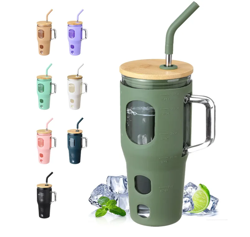 32Oz Glass Tumbler with Bamboo Lid and Straw, Glass Water Bottles with Handle Reusable Cup with Time Marker and Silicone Sleeve