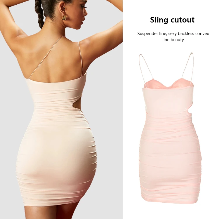 S-2XL Backless Midi Dresses Gown Women Spaghetti Strap Halter Cut Out Drawstring Bodycon