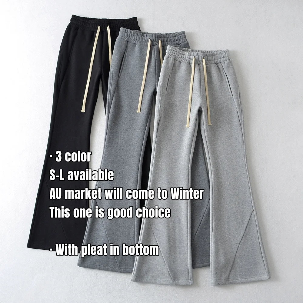 Luluxixiyaya Bottom Unique Slash Pleated Stitch Australia Sweat Ladies Jogger Simple Warm Feel Fleece Flare Pants