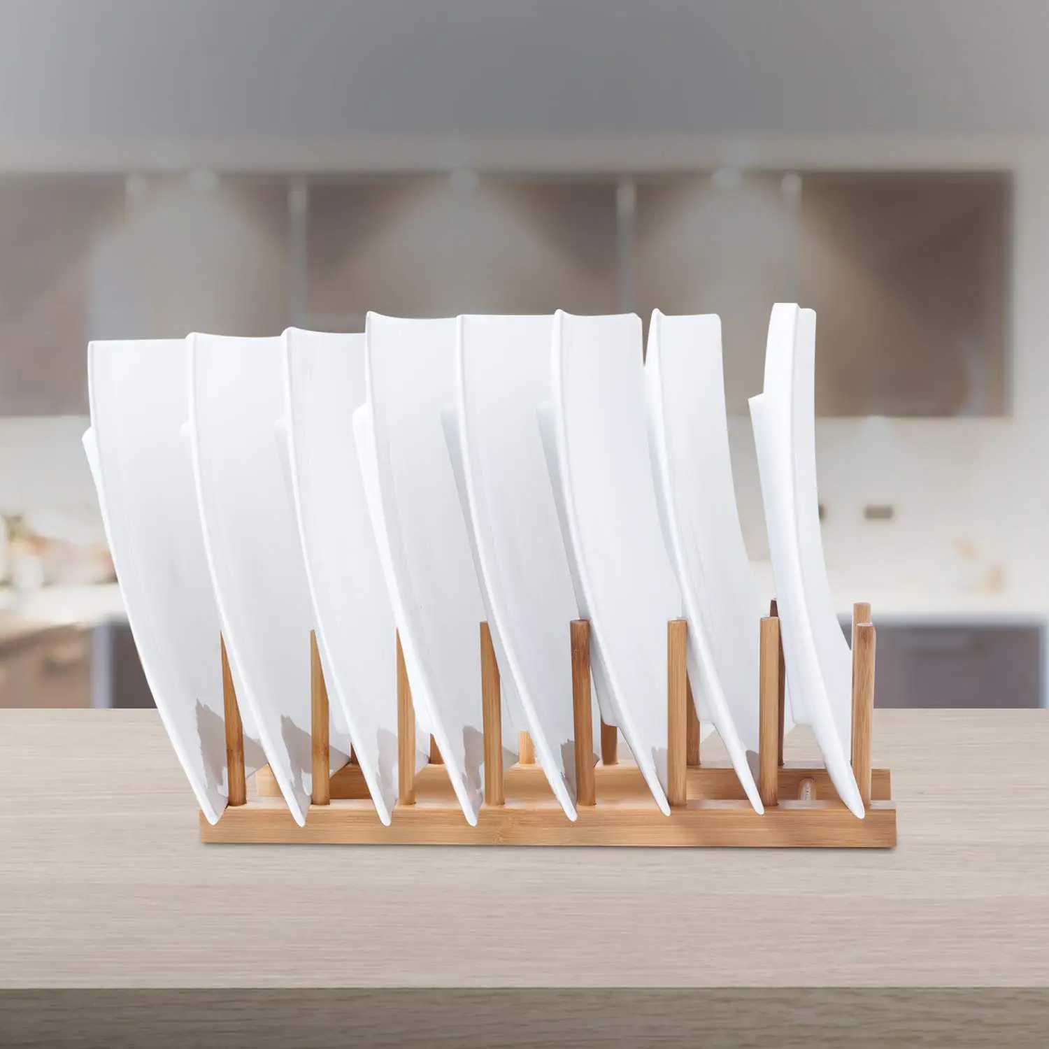 2 Pack Bamboo Wooden Dish Rack Plate Rack Stand Pot Lid Holder Kitchen Cabinet Organizer for Cup Cutting Board Bowl Drying Rack