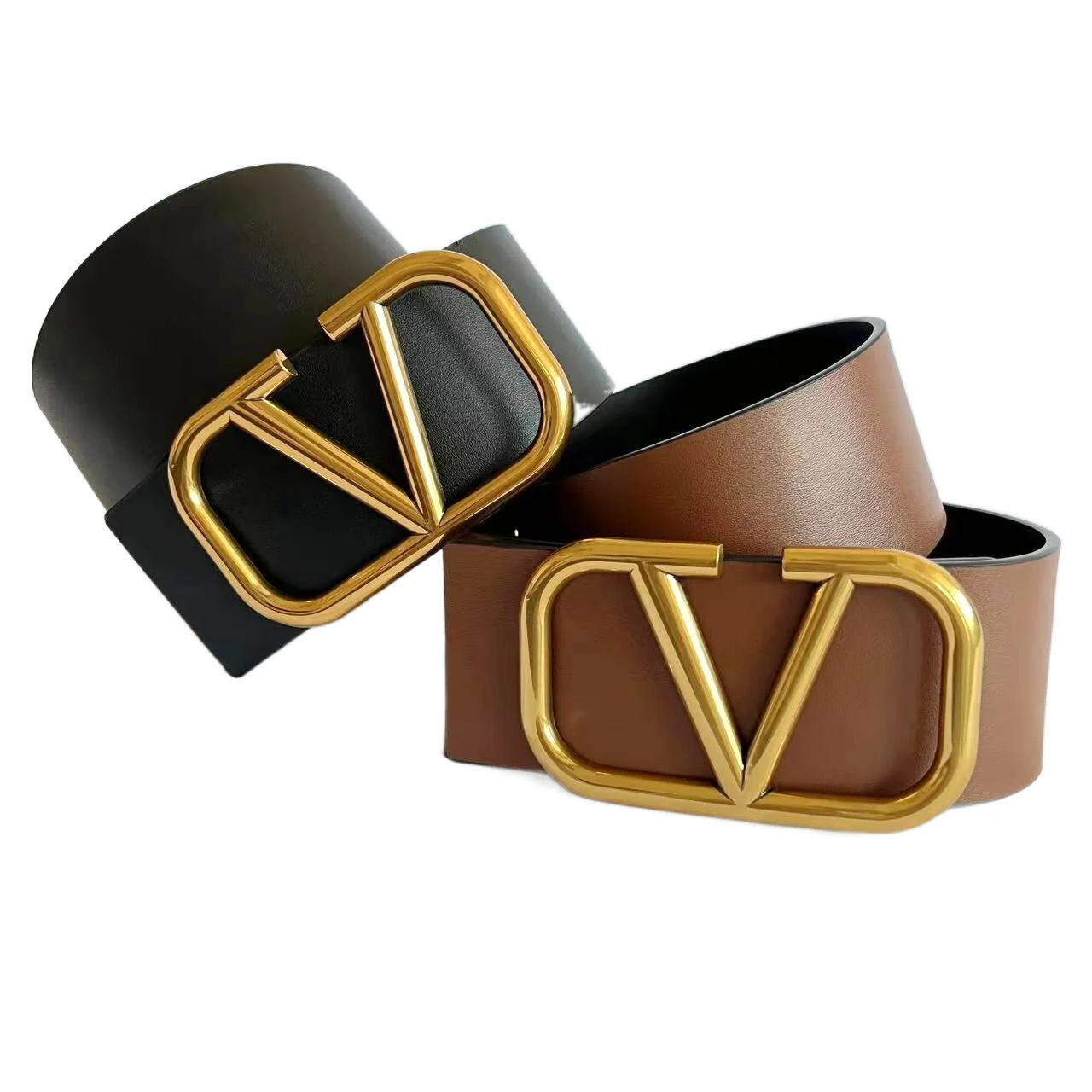 7CM Wide Luxury Leather Belts In Reversible Wearing With Big Letter Zinc Alloy V buckle OEM/ODM Welcome