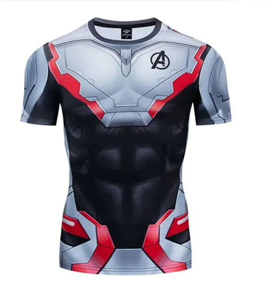 Mens Sports Fitness Elastic Short Sleeve Superhero Print T-shirt