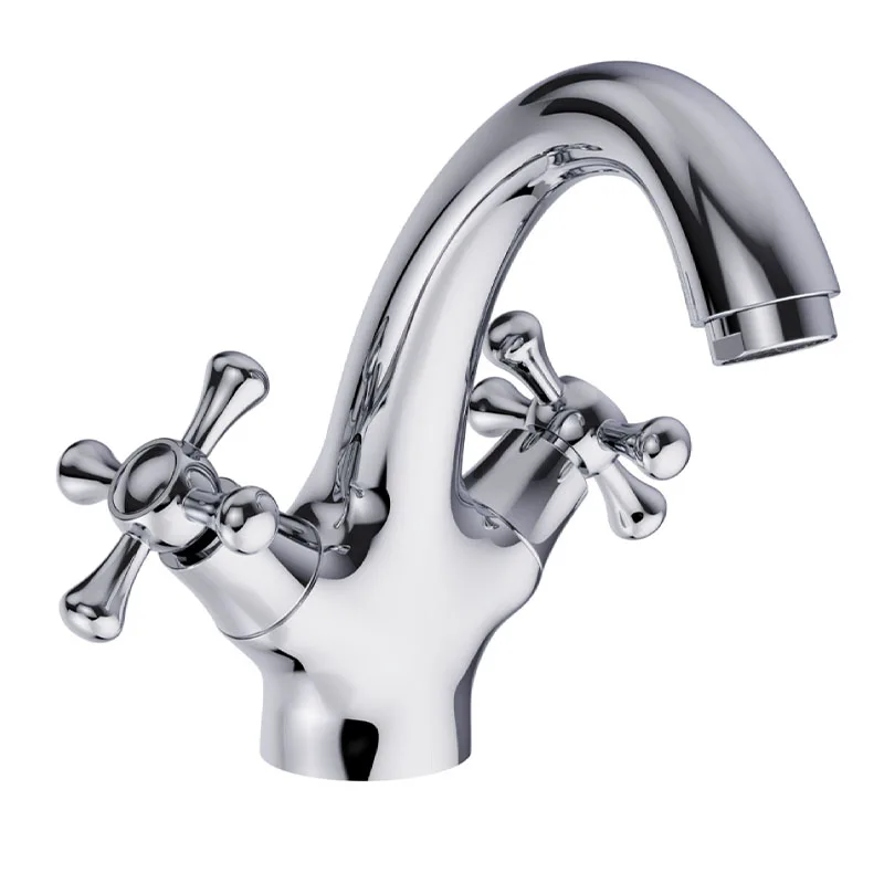 European Antique Chrome-Plated Hot And Cold Mixed Single Hole Double Cross Handle Bathroom Sink Faucet