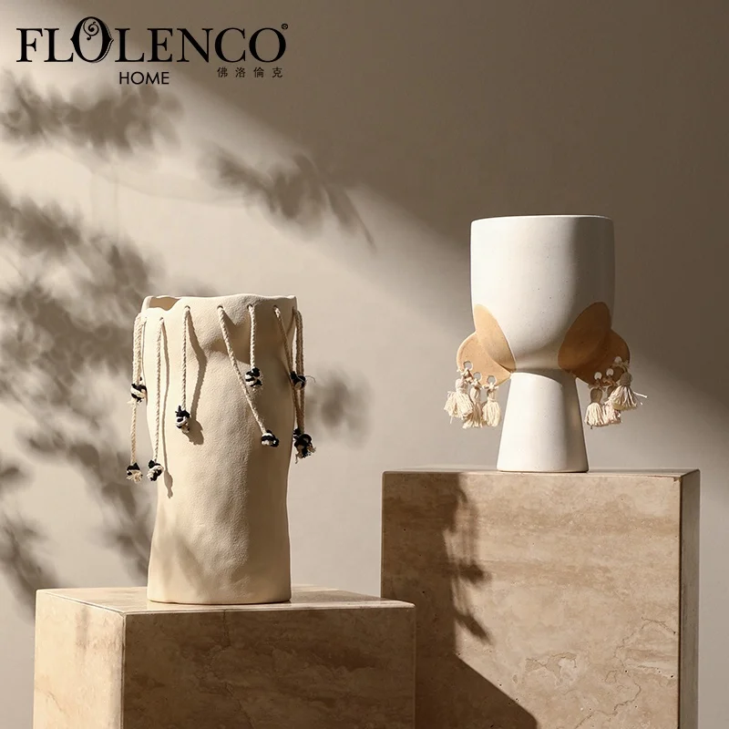 Flolenco Art Boho Decor Rustic Ceramic Vases Minimalist Home Decor Table Living room Cabinet Decoration Ceramic Flower Vases