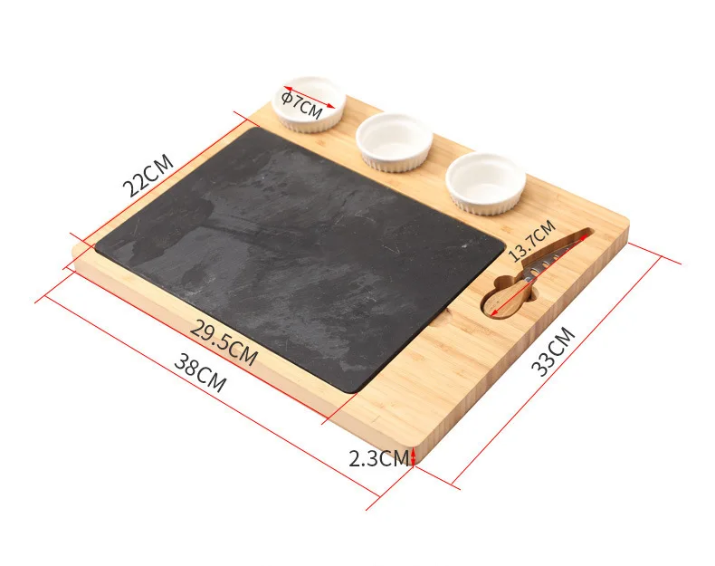 3 Ceramic Sauce Dishes Black Slate Stone Barbecue Dessert Cheese Western Steak Plate Serving Board with Bamboo Tray