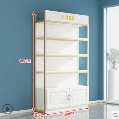 Gold And White Shelf Display Supermarket Rack Customized Showcase With Cabinet