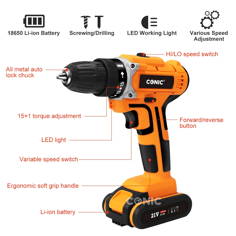 OEM 21V Multi Function Cordless Impact Electric Drill Set Wireless Power Drill with Lithium Battery