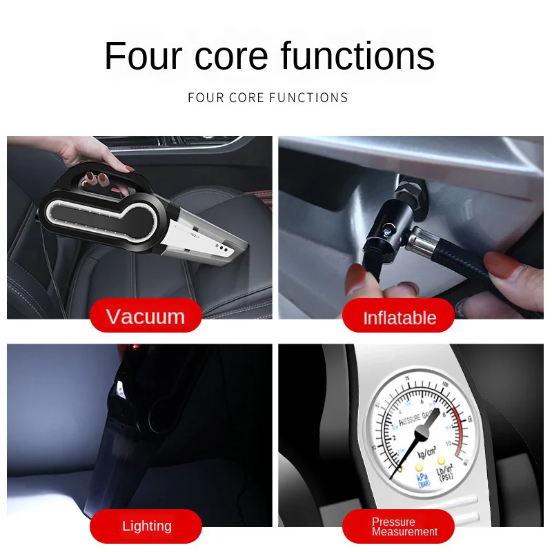 Multifunction Wired Car Vacuum Cleaner 4-in-1 Portable Handheld Tire Inflator Pump LED Light Pressure Wet and Dry Use Vacuum