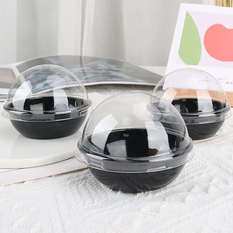 Packaging Creative Black Tray with Clear Lids Round Cake Box Dessert Mousse Ball Shaped Plastic New Product Wholesale Mini Cute