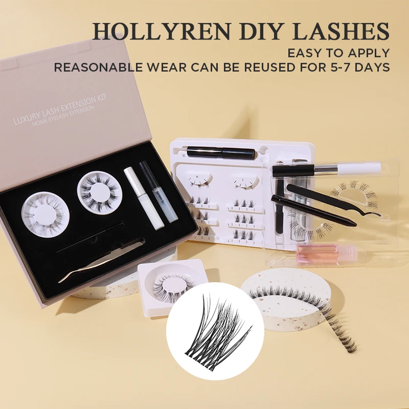 Hollyren 0.1mm Korean Silk Lashes Private Label Diy Segment Eyelash Extensions Kit With Latex Free Glue