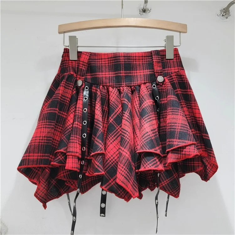 Irregular Red and Black Plaid Pleated Skirt for Women 2024 Spring/Summer New Sexy Hot Short Hip Skirts