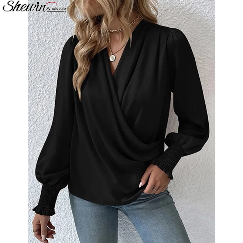 Оптовая продажа модная дизайнерская трикотажная шифоновая повседневная женская блузка с цветочным принтом и рюшами элегантная длинным рукавом