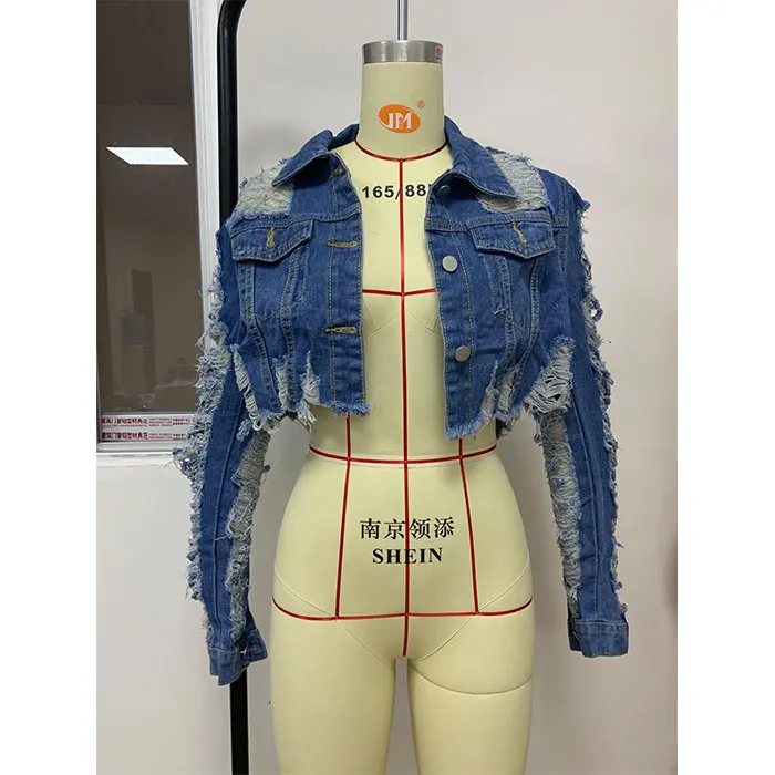 High Quality Women Jeans Jacket Short Denim Jacket Fashion Jeans Tops Holes Long Sleeve Casual Outwear Coat