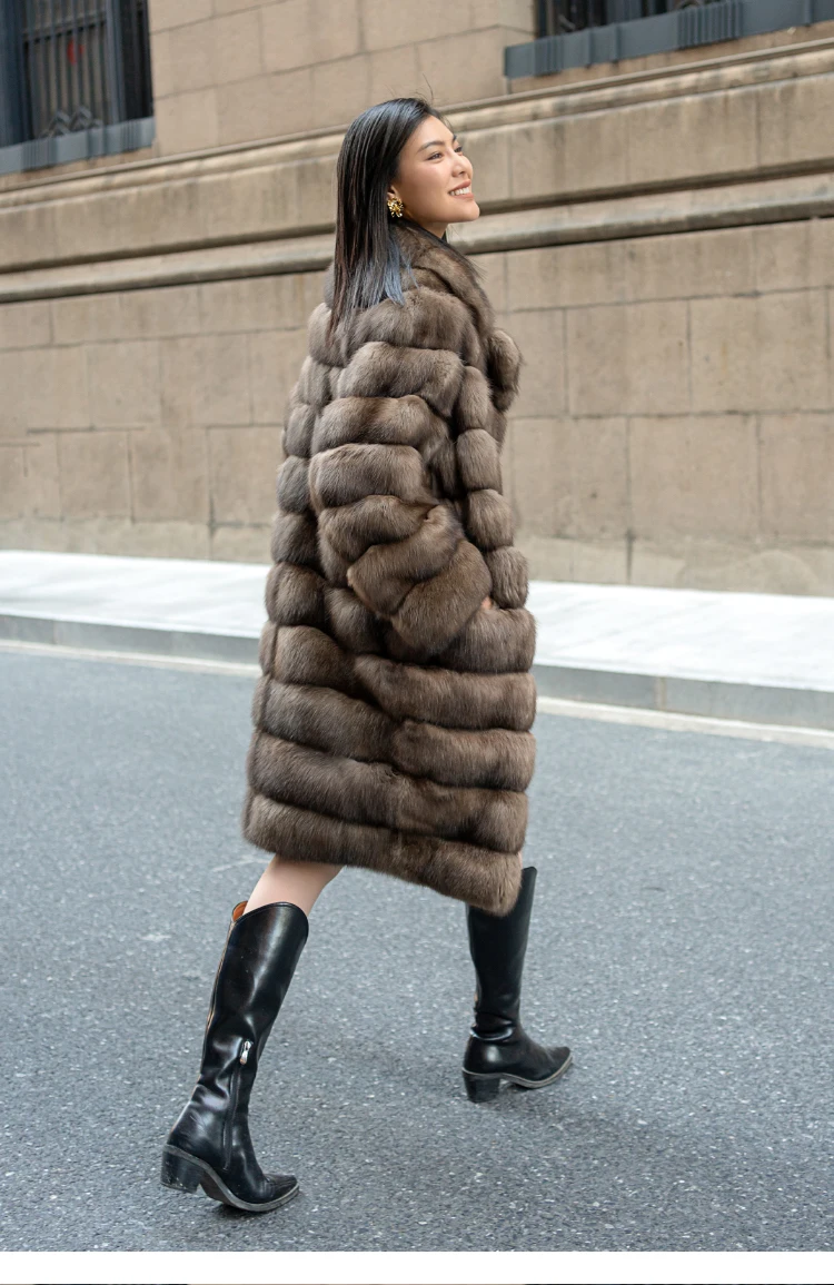 Sable Russia Winter Warm Mid Length Style Large Lapel Real Mink Fur Coat Pocket Oversize Trench Coats Real Sable Fur Coat