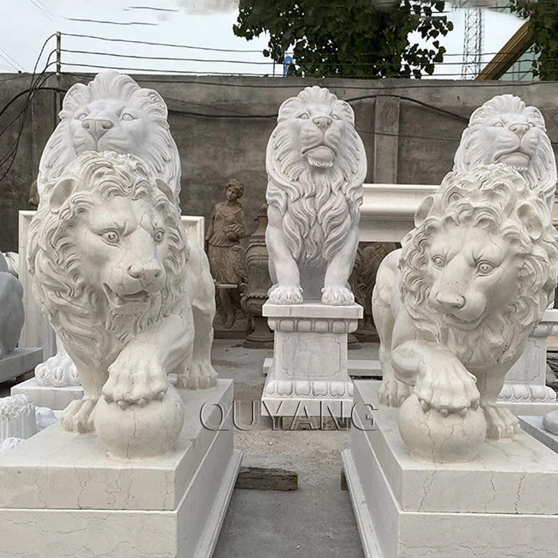 QUYANG Life Size Hand Carved White Marble Animal Sculpture Stone Carving Resting Lion Statue