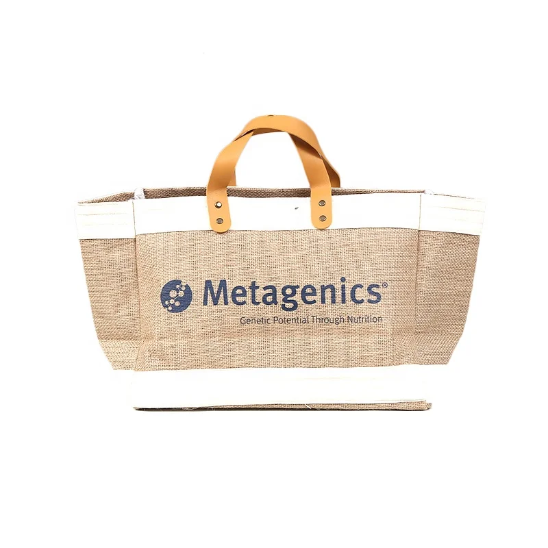 Customized logo Large Capacity Burlap Jute Shopping Tote Bags With Pu Leather Handles