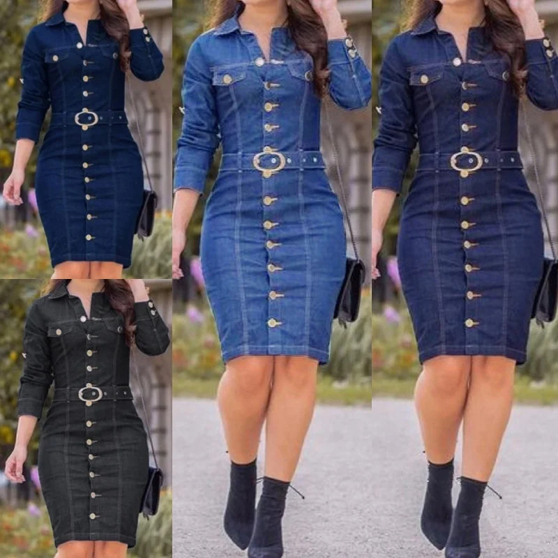 Custom Spring Long Sleeve Casual Jean Dresses Women Button Up Wash Shirt Dress Belt Long Sleeve Bodycon Knee Length Denim Dress