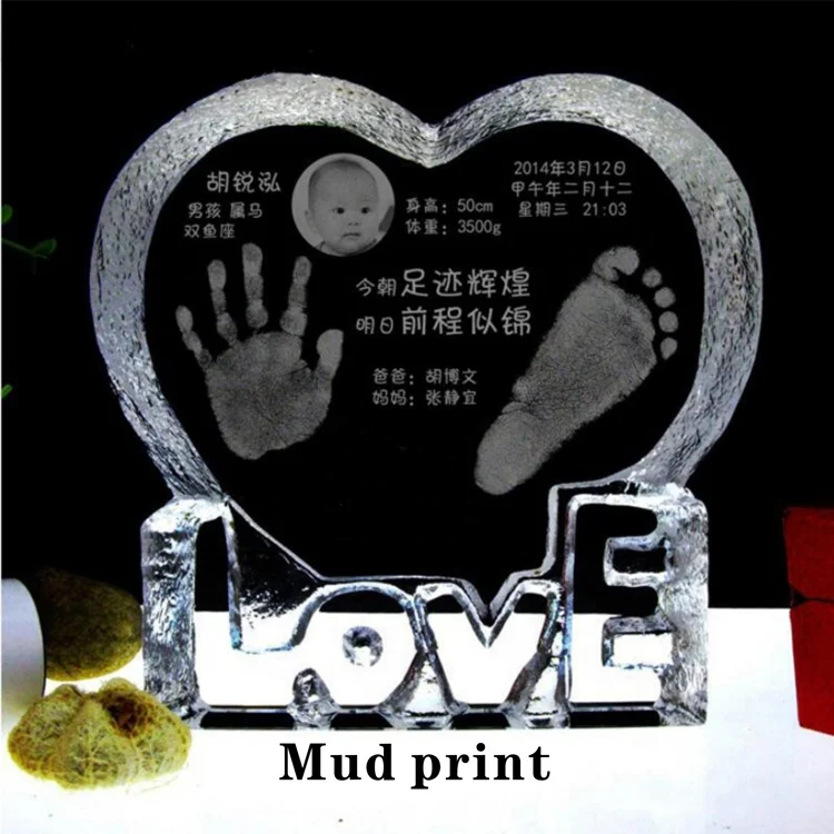 High quality custom 3D laser engraving baby hand and foot heart shape crystal glass photo frame