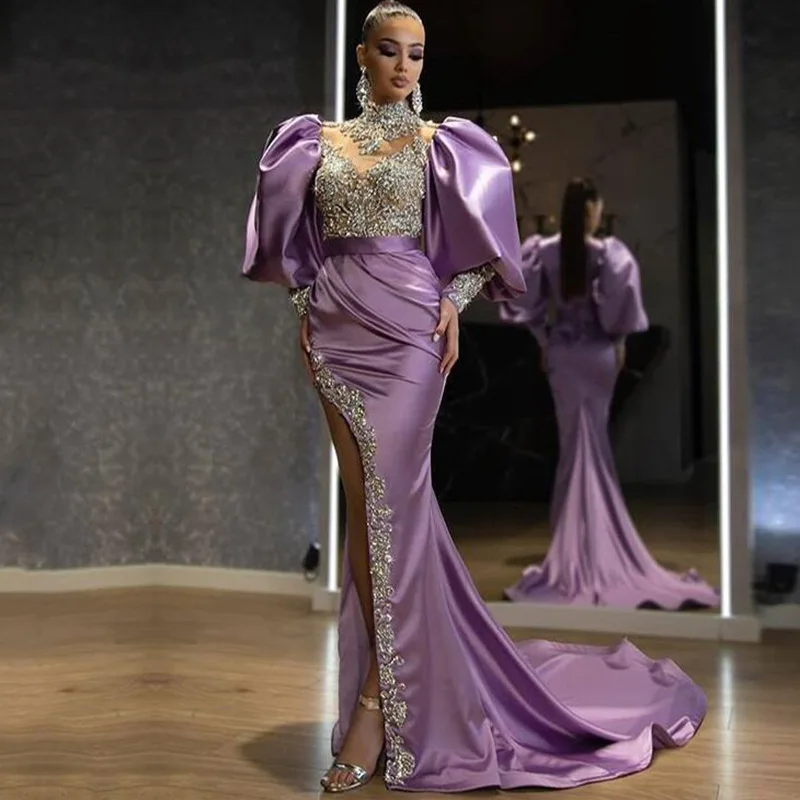 dq990 new 2024 products Lavender Purple satin dress side slit prom dresses for evening party banquet feast cocktail ball