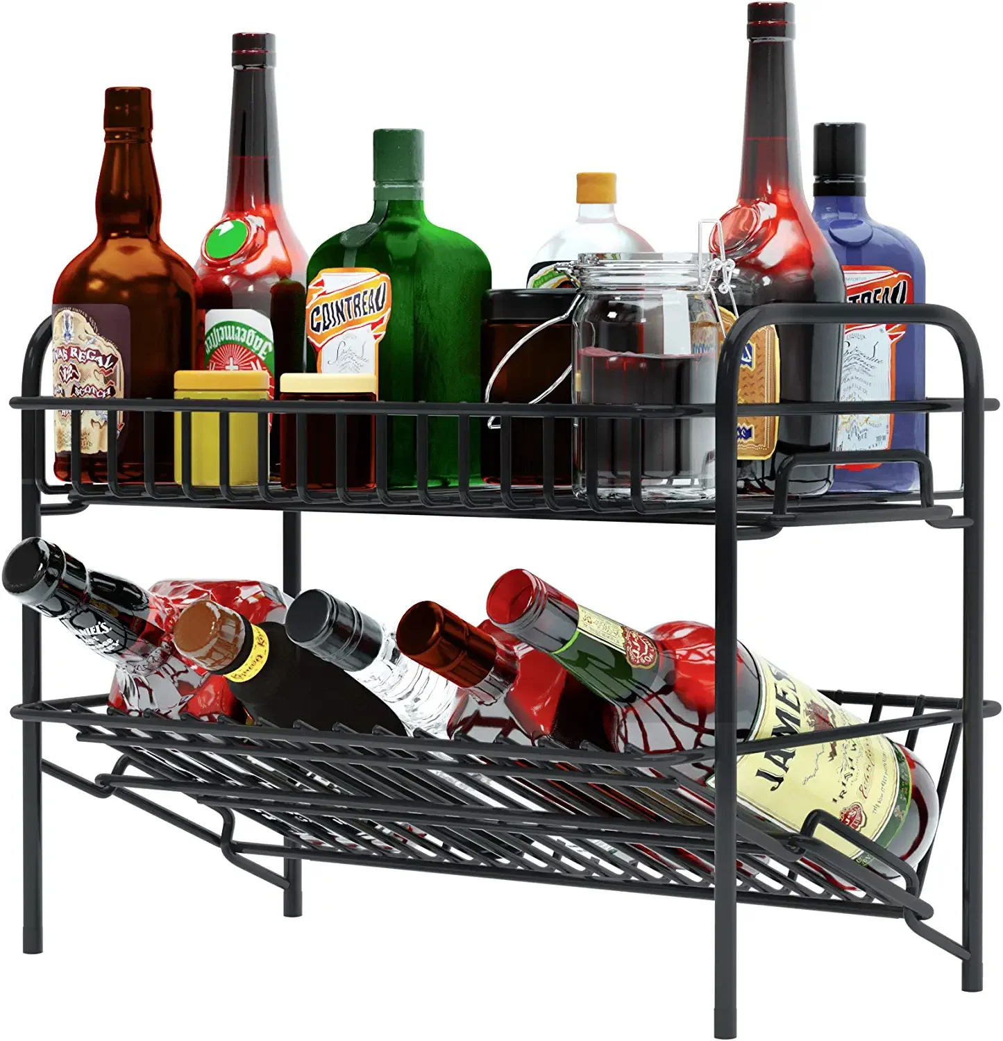 2 tiers Black Metal Liquor Bottle Display Stand Coffee Syrup Stand ,multi-function spice rack Organizer Shelf Holder