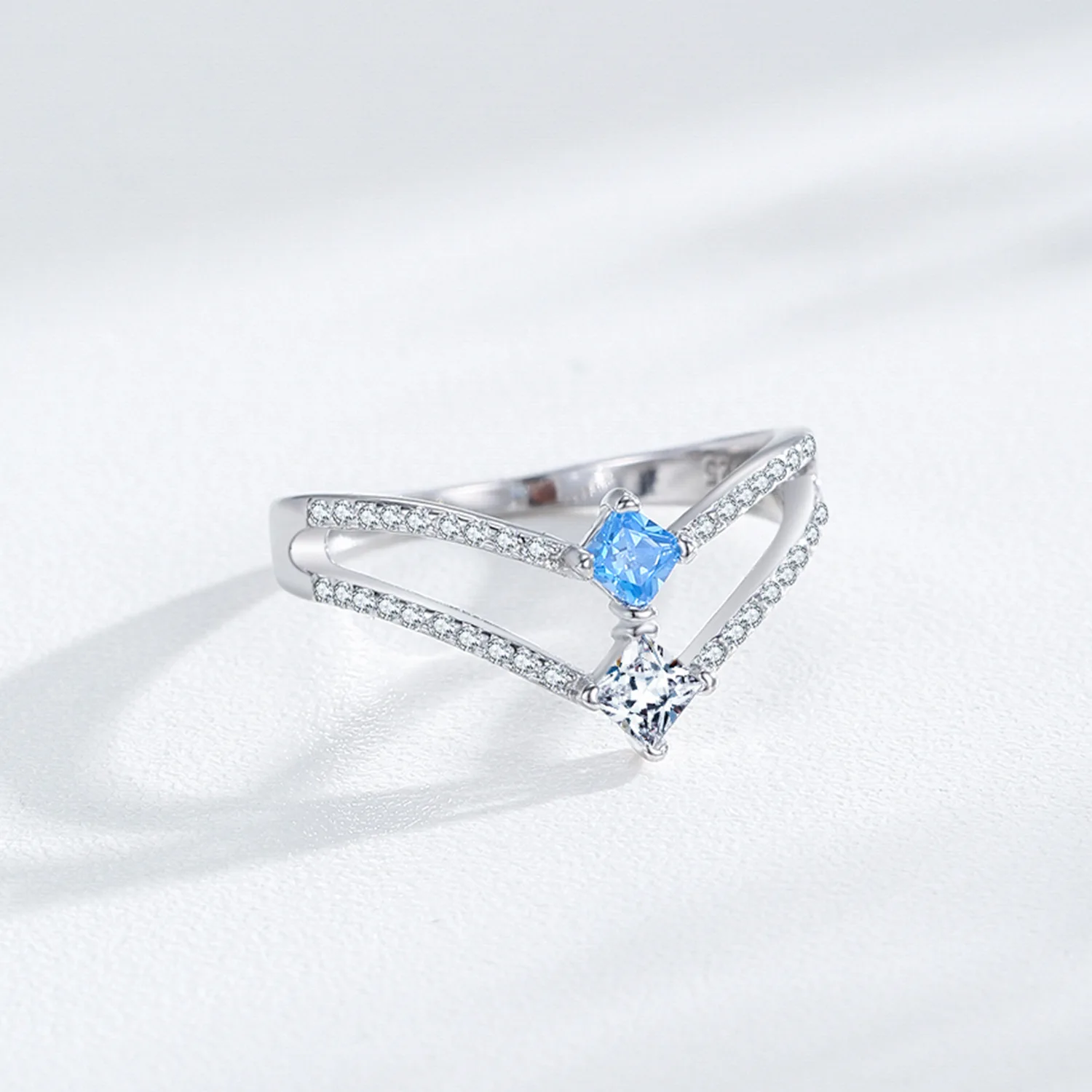 Fashion cold style sea blue glacier water drop double layer rings 925 sterling silver V-shaped crown ring