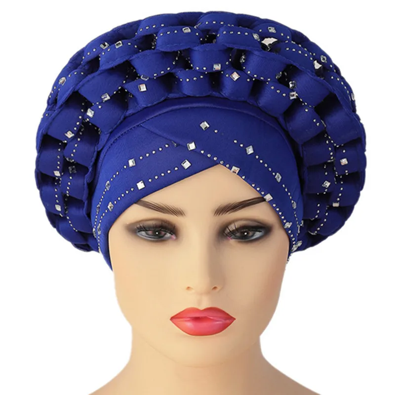 Amazon luxury women Muslim Hijab Bonnets african braided headwrap latest nigerian Aso Oke headtie bonnet rhinestone turban cap