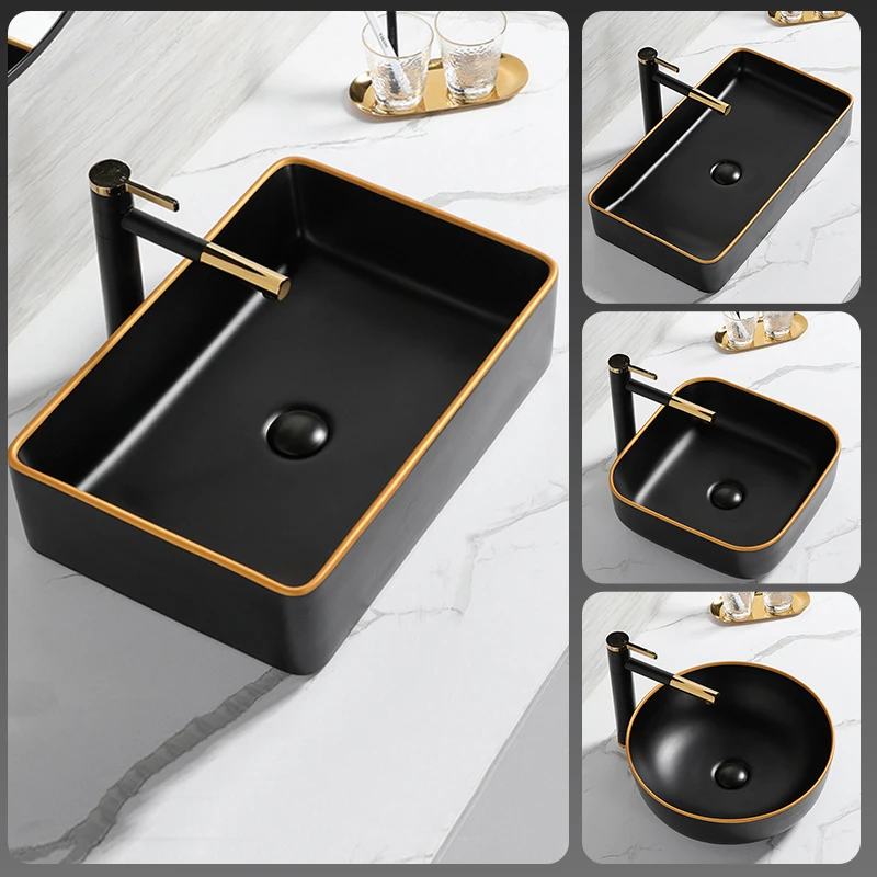 Пользовательский дизайн столешницы матовая черная керамическая раковина для ванной комнаты Современная и золотая линия художественная