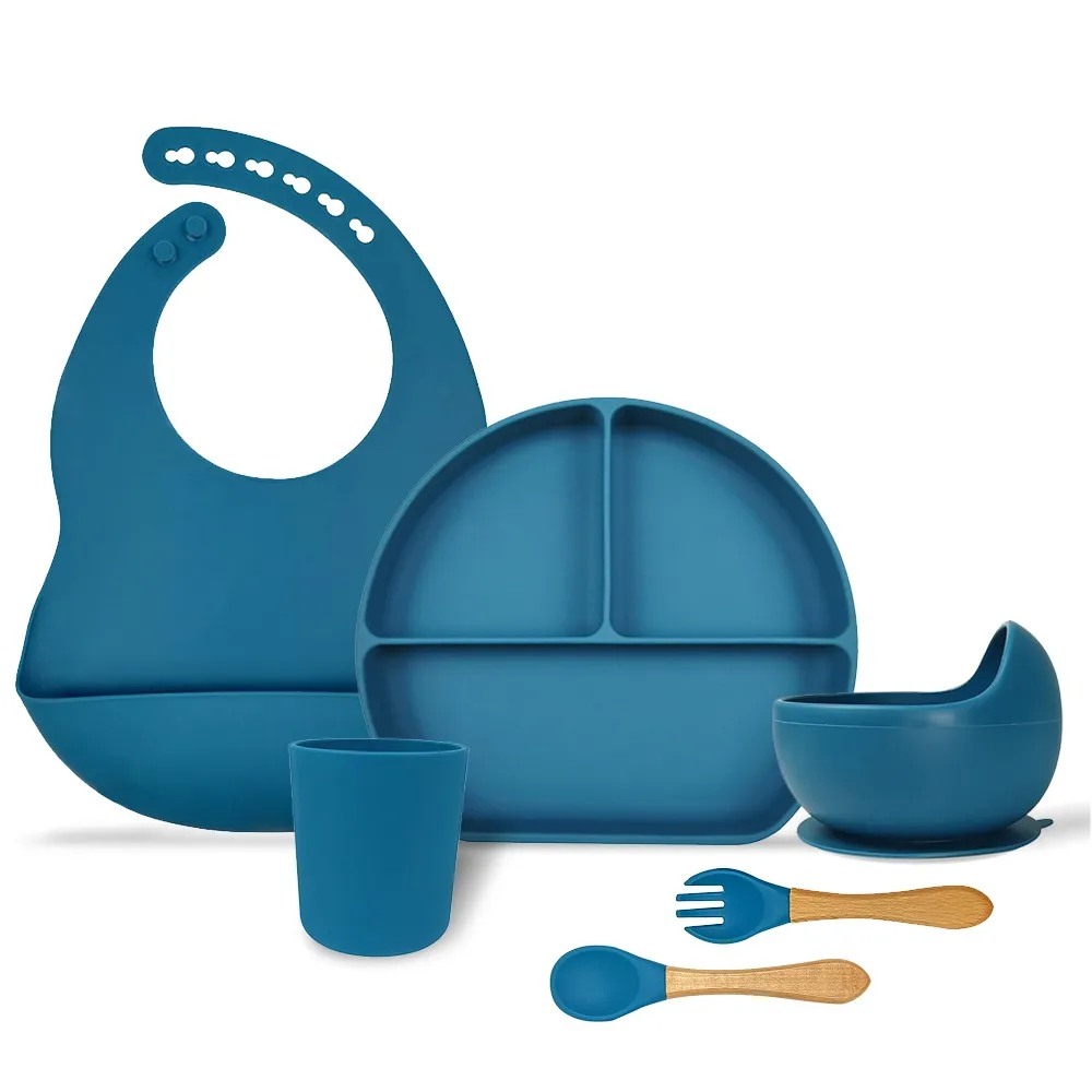 Силиконовая посуда, детский силиконовый набор для кормления, присоска, чашка, чашка, столовые приборы и силиконовый нагрудник, посуда для младенцев, RTS