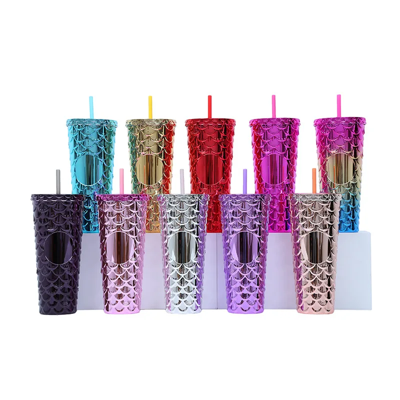 Factory Mermaid Cup Scale Glitter 24oz Mugs Insulated Double Walled Plastic Cups Fish Scales Tumbler With Straw And Lid