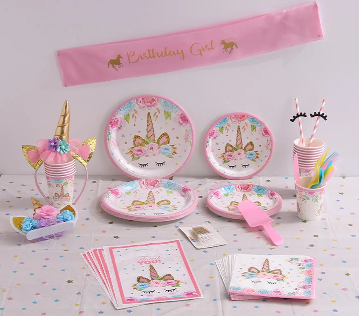 Pink Happy Birthday Banner Latex Balloon Unicorn Theme Party Supplies Decorations Set For Girl Birthday Kid