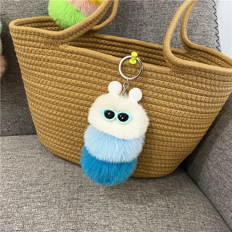 Fancy Caterpillar Keychain Rabbit Fur Caterpillar pom Pom animal Key chains with Sunglasses and Winter Knit Hat stuffed toy