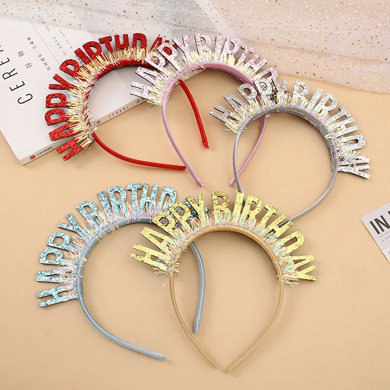 Wholesale gold dust Rain silk birthday headband party decoration bright bead birthday hat English Happy birthday headband