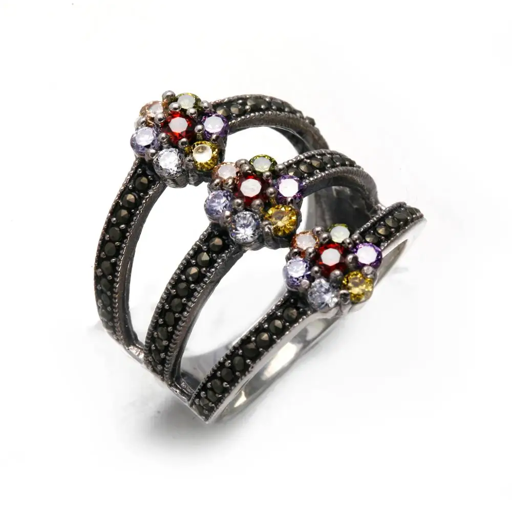Marcasite Ruby Rings Designed Sterling Silver New Poly Bag CLASSIC Zircon Antique Silver Geometric Silver Fashion Jewelry 6.8 G