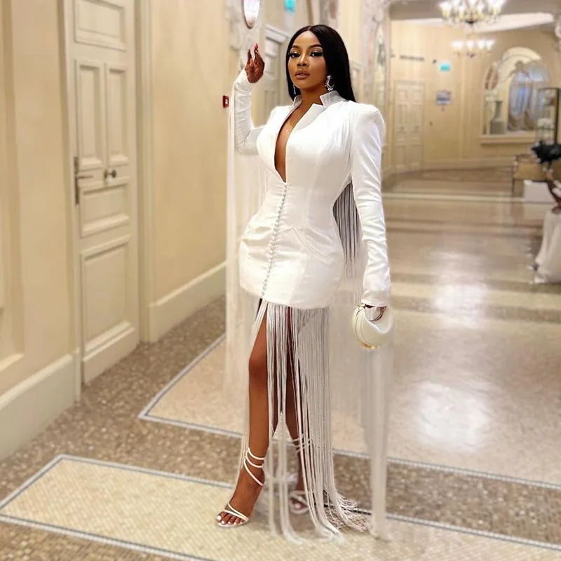 Elegant White Beaded Tassels V Neck Long Sleeve Blazer Mini Party Dress