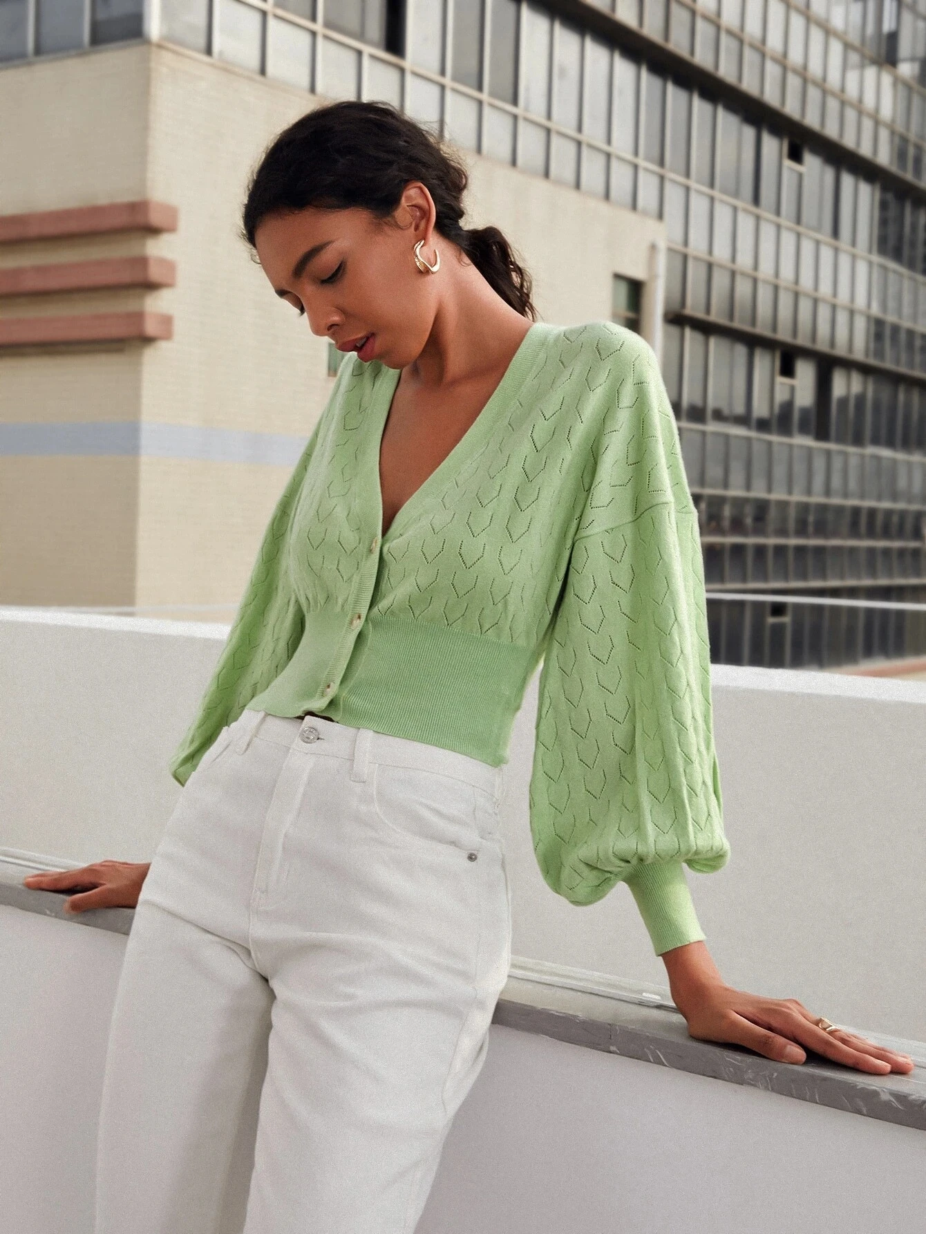 FYB 2021 New Design Summer Stylish Pointelle Long Sleeve V neck Womens Cool Knitted Cardigan Sweater