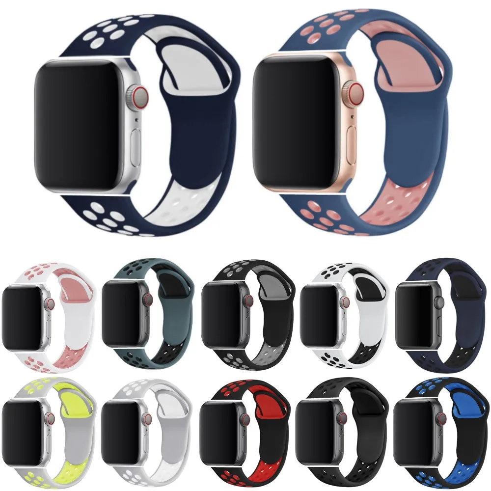 Ремешок силиконовый для apple watch, спортивный умный двухцветный браслет для iwatch 7 6 5 4 3 2 1 мм, 51 цвет, 38 мм 42 мм 41 мм 45 мм