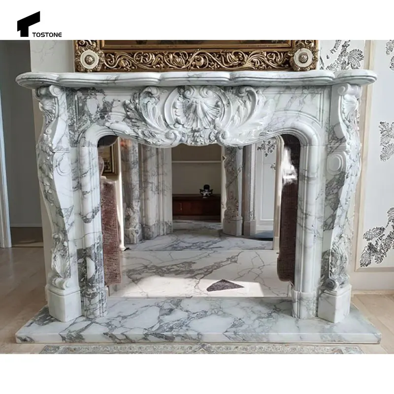 Tostone Arabescato White Marble Stone Mantel Modern Style Coal Fireplace for Indoor & Outdoor for Villa & Living Room Decor