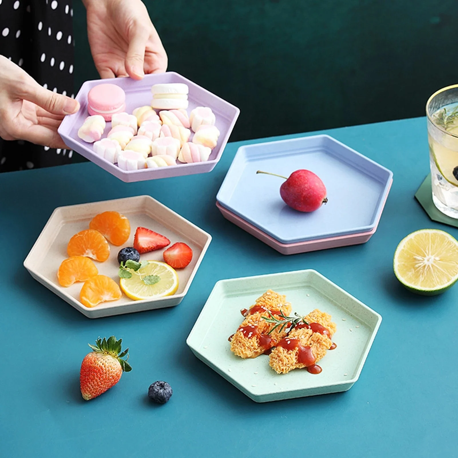 Hexagon Party Dessert Snacks Melon Seeds Wheat Straw Thicken Tray Fruit Plate Dishes Lunch Box