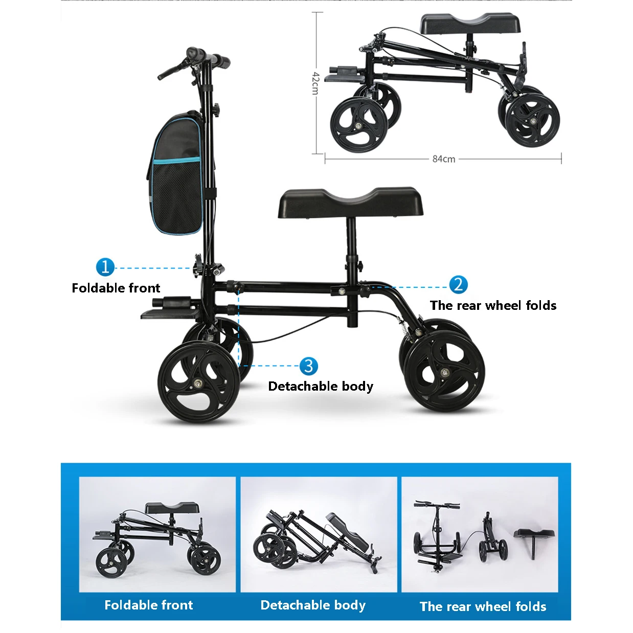 Lightweight Manual Knee Walker Portable Handicap Scooter for Disabled and Elderly Mobility Outdoor Standing Walking Aids